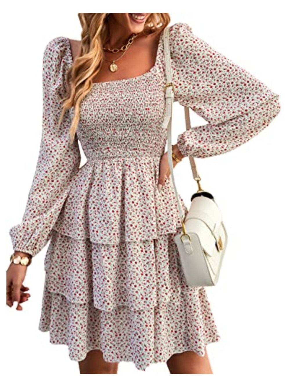 Women's Square Neck Smocked Ruffle Hem Floral Mini Dress
